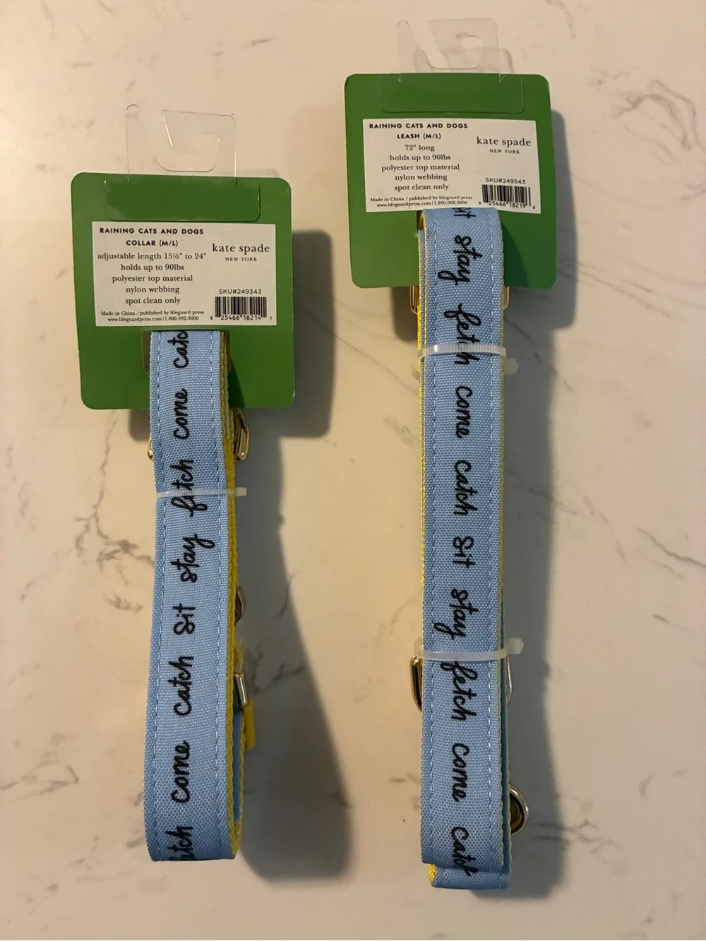Kate Spade New York Raining Cats & Dogs Pet Collar & Leash Set M/L Dog Bundle